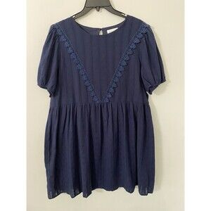 Evelyn Navy Blue Eyelet Baby Doll Dress Puff Sleeve Lace Trim Size L Boho Summer